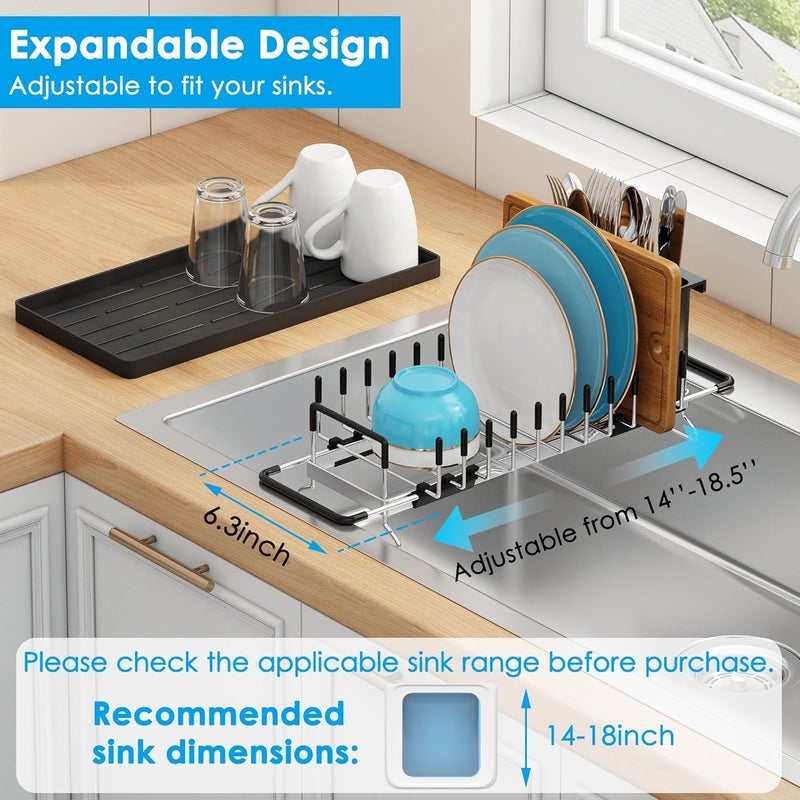 ANTOPY Small Dish Drying Rack - Expandable 304 Stainless Steel Rustproof Dish Rack Over Sink with Silicone Drying Mat & Cutlery Holder, Compact Dish Drainer for Kitchen Counter, Inside Sink, Silver - Image 4